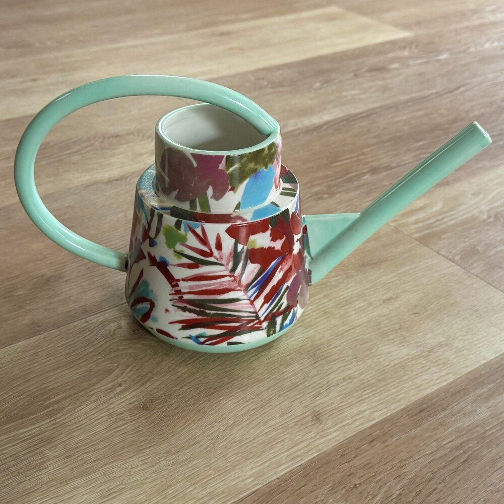 Anthropologie Small Glass Watering Can, Maroon & Teal Flower Pattern BRAND NEW!